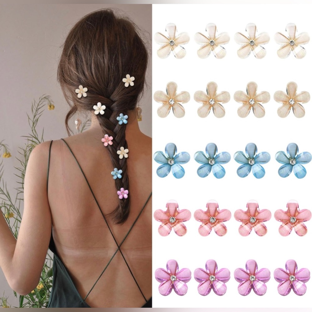 NWT 20Pcs Mini Flower Hair Clips with Rhinestone Small Flower Hair Claw Clips